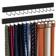 Men s Belt And Tie Holder, 2 Pack Wooden Wall Mount, 24 Hooks, Black