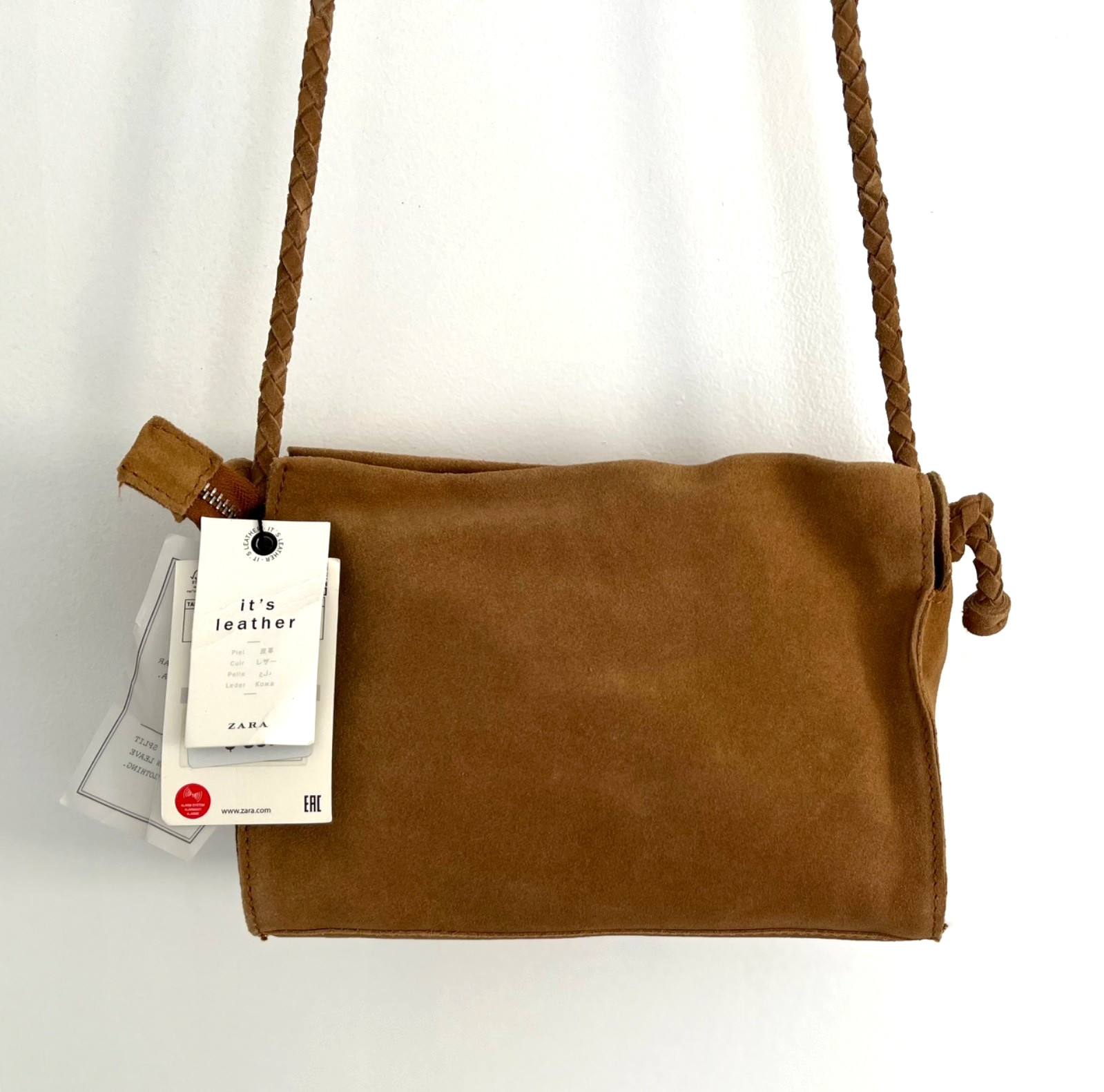 NWT ZARA 100% Leather  Suede Bag in Brown Camel Size 9" (W) x 6.5" (H) x 3" (D) thumbnail 2