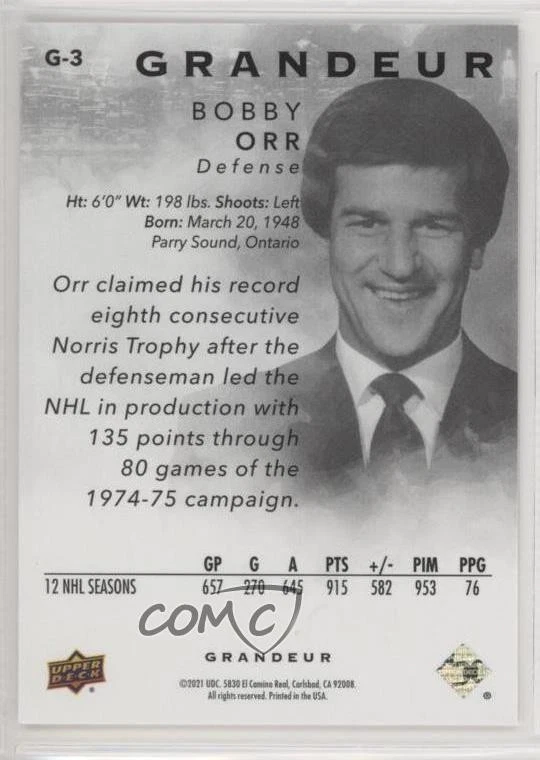 2021 Upper Deck Grandeur Green Achievements Bobby Orr #G-3 HOF - Image 2 of 2