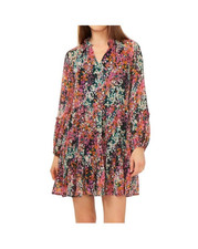 Vince Camuto Babydoll Tiered Mini Dress Sz M Black Sheer Floral Cottage Romantic