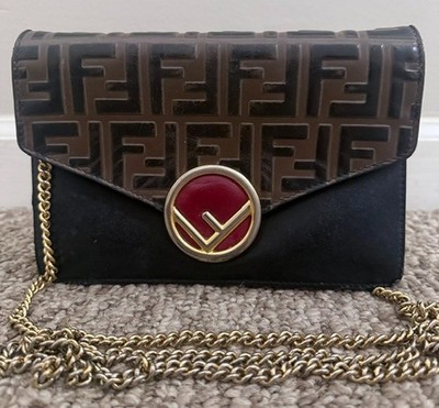 Authentic Fendi Kan I Wallet on Chain WOC Black Leather w/Box and Dust Bag