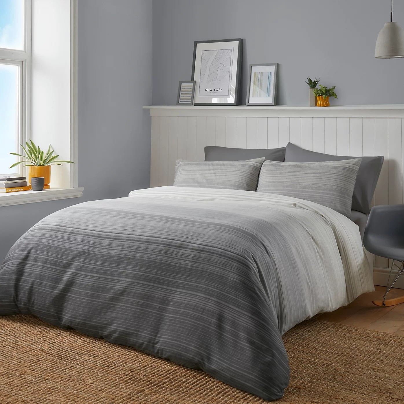 Multi Stripe Duvet Cover Reversible King Quilt Bedding Linen Set Charcoal Grey