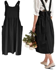 Women Girls Cross Back Apron Gardening Works Cotton Aprons Pinafore Dress