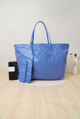 GOYARD Logo Saint Louis PM Shoulder Tote Bag Pouch Canvas Leather Blue
