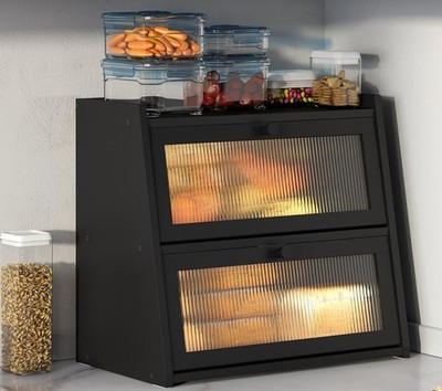 Black Bread Box, Double Layer Large Bread Box for Kitchen Counter, Bamboo Bread