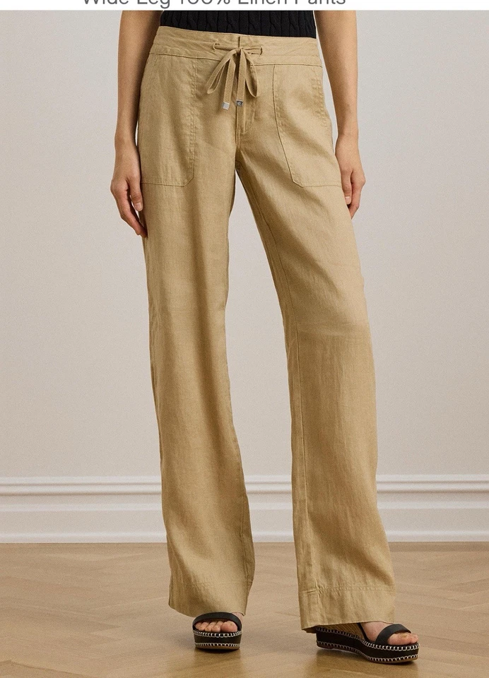 WOW USADO EN EXCELENTE ESTADO Lauren Ralph Lauren Talla 8 100% Lino Pantalones Pierna Ancha Bronceado Abedul ¡ENVÍO GRATUITO! Foto 4 de 4