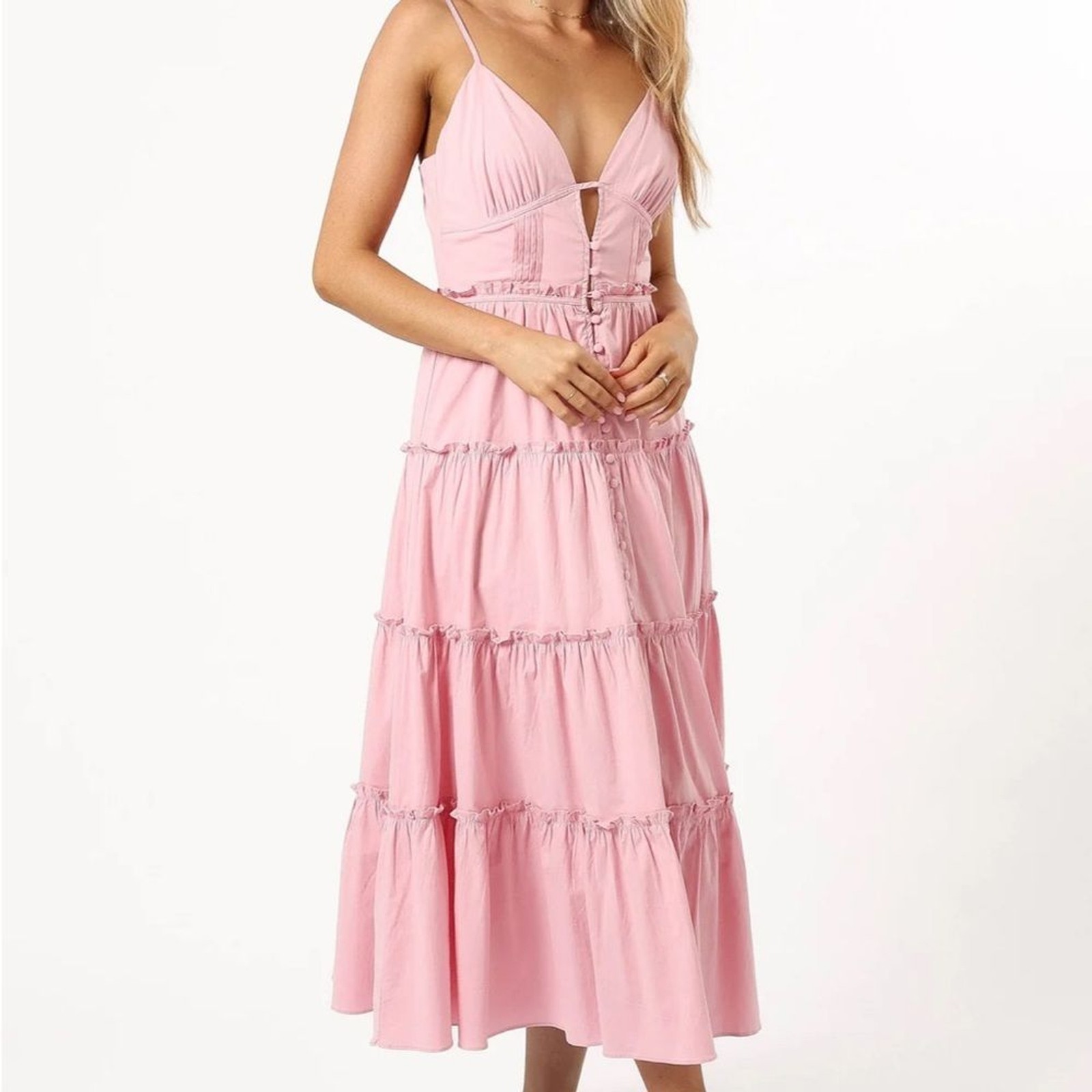 Petal & Pup Midi Dress in Pale Pink Womens Size Small Button Front Deep V Neck