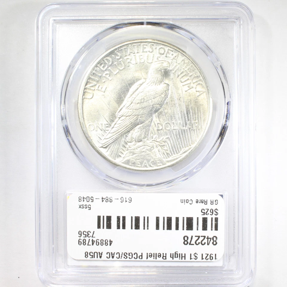 1921 $1 Alto Relieve PCGS/CAC AU58 - Dólar de la Paz - Escasa emisión del primer año Foto 2 de 4