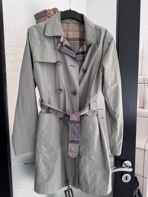 Barbour Damen Mantel Cedar Trench grau halblang Karo-Futter Gürtel Gr. 44