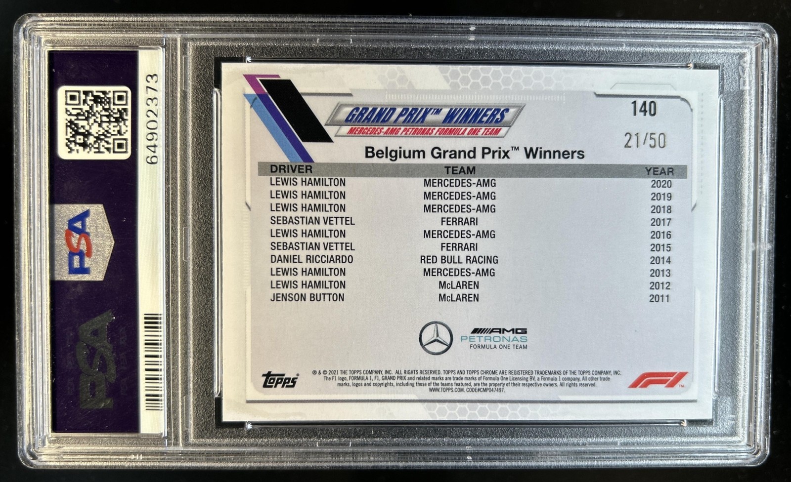 2021 Topps Chrome F1 Lewis Hamilton Gold Checker Flag Refractor #/50 PSA 9 view 2