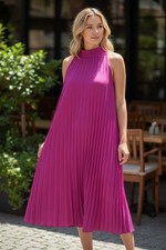 KAARI BLUE Womens L Pleated Dress Pink Fuchsia Sleeveless Tie Neck Shift Cocktai