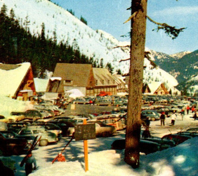 Vintage Postcard Summit Inn Stevens Pass Washington WA Snow Skiing Old Cars