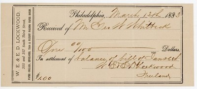 1883 Philadelphia Receipt   W.E. & E.D. Lockwood Paper Boxes  Whittbeck Payment