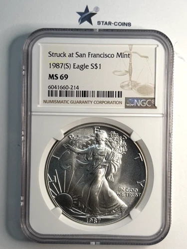 1987(S) Silver Eagle NGC MS69 Standard Brown Label