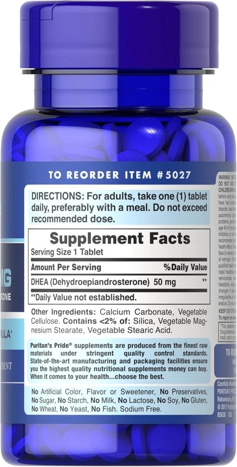 Puritan's Pride Youth Guard DHEA para mulheres e homens 50mg, suplementos dietéticos - Imagem 2 de 4