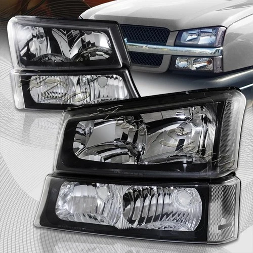 For 2003-2006 Chevy Silverado Avalanche 1500 2500 Black Head Lights+Bumper Lamp