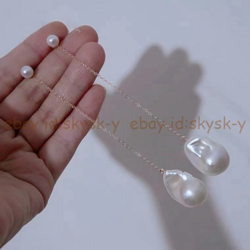15-25mm Real Natural White Freshwater Baroque Pearl Dangle Silver Stud Earrings - Picture 2 of 5
