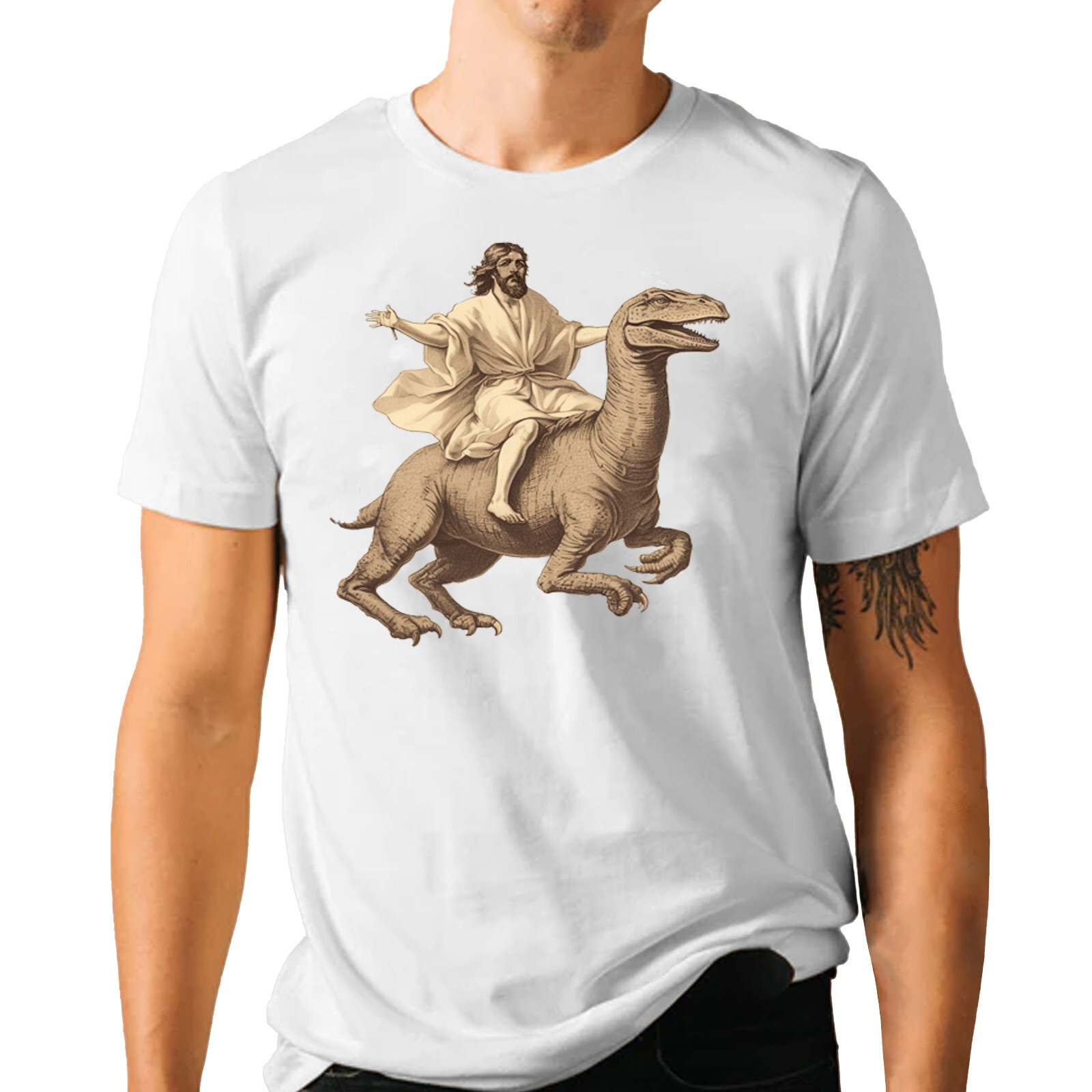 Jesus Riding Dinosaur T-shirt -Funny Christ Novelty Graphic Shirt Christian Gift