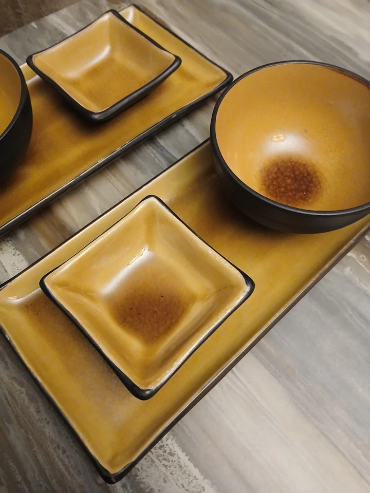 Bandeja para servir comida china SUSHI y tazones para sumergir arroz servicio para 2 mostaza marrón Foto 2 de 4