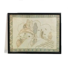 Antique drawn thread embroidery.  Very fine stitchwork.   Cottage landscape.