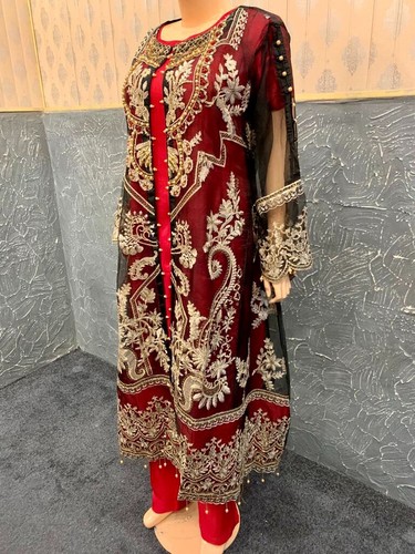 Pakistani Black  Organza long Fancy Gown Dress With Threadwork ,Sequins,Large - Picture 5 of 12