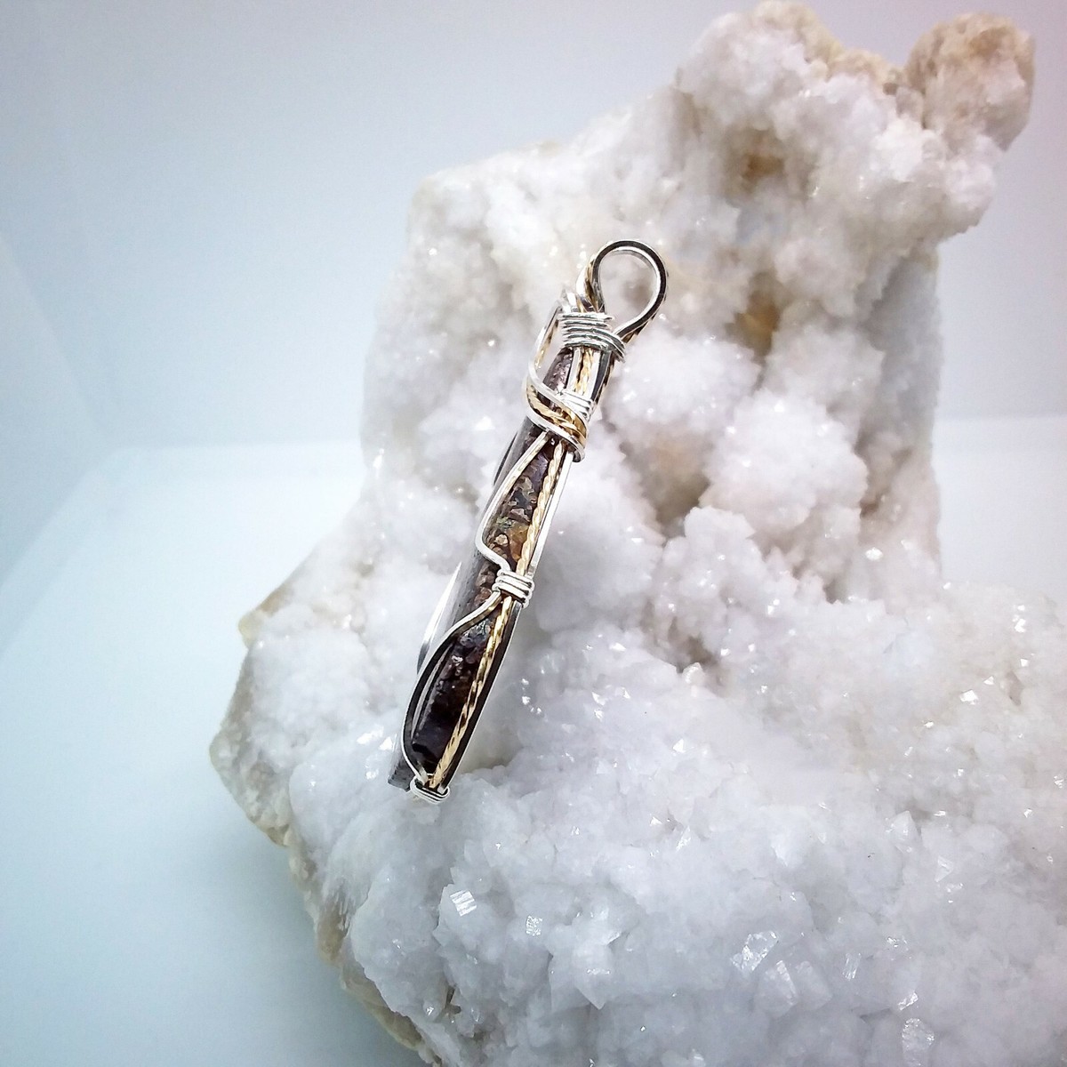Dinosaur Gembone, wire-wrapped, necklace, sterling silver,14k gold
