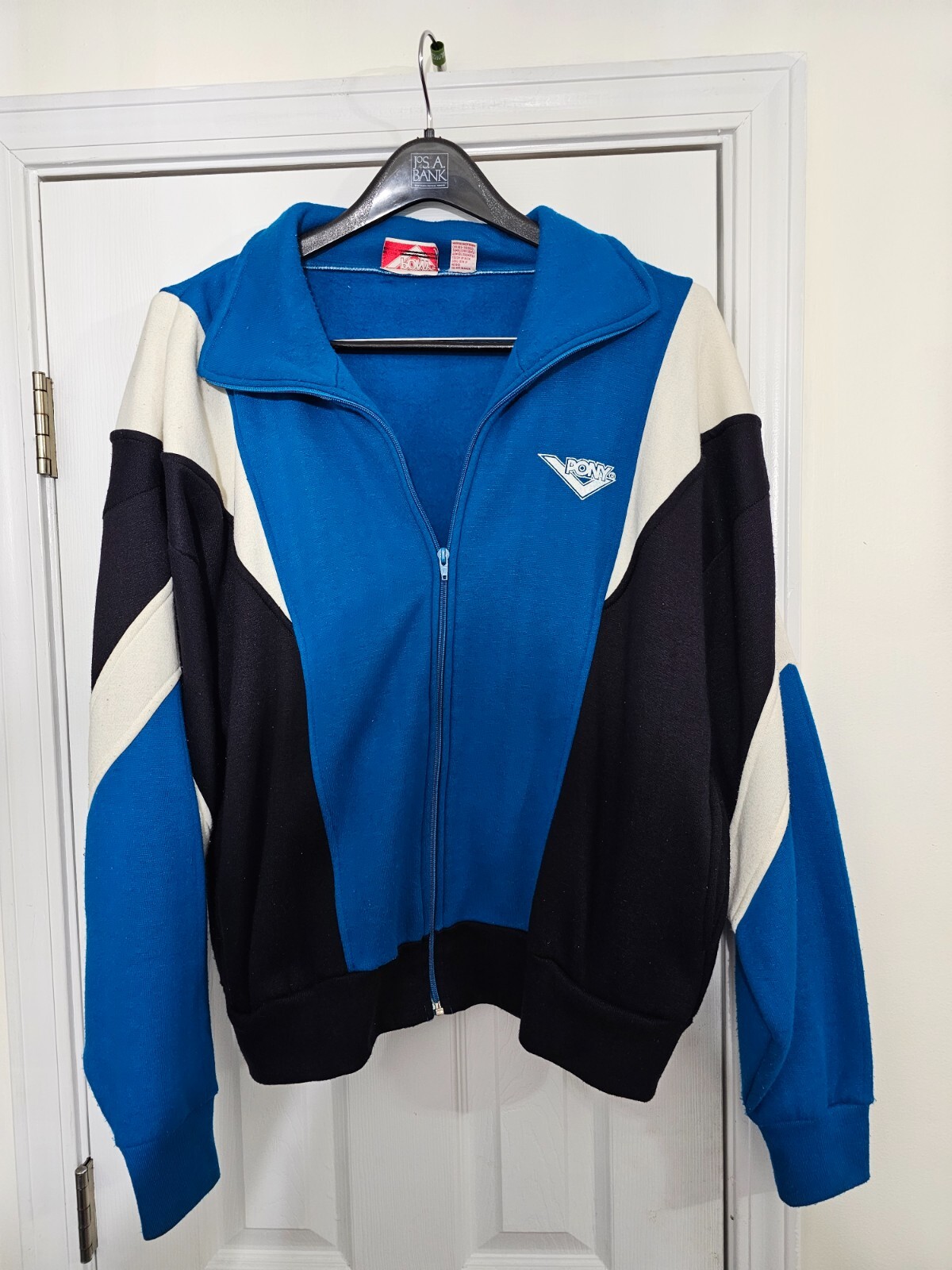 Pony Vintage Giacca Piena Zip Grande Usata Blu Nero Bianco