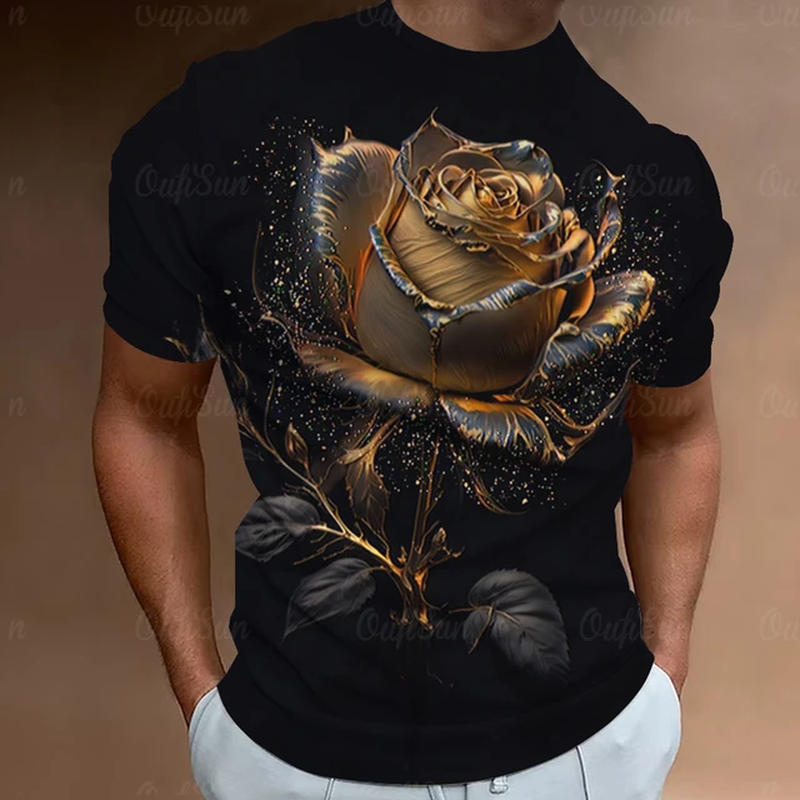 Men's Gothic Rose Print T-Shirts, Cool Skull Graphic Tees, Casual Streetwear-image