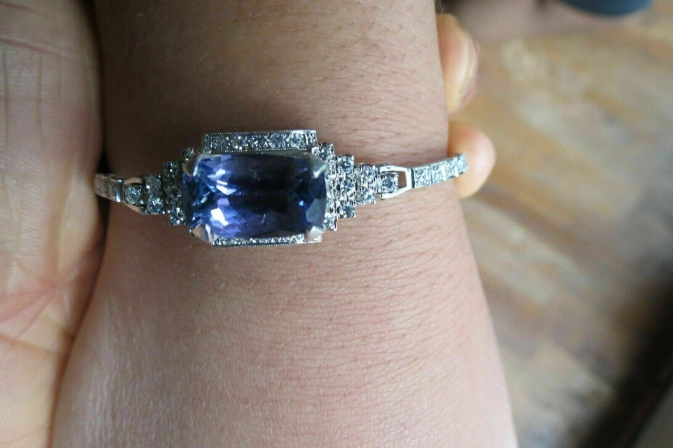 5Ct Emerald Cut Tanzanite Diamond Simulated Bracelet 14K White Gold Finish - Image 2 of 4