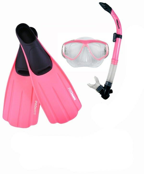 Pink Snorkeling Package with semi dry Snorkel Fins size SM and 2