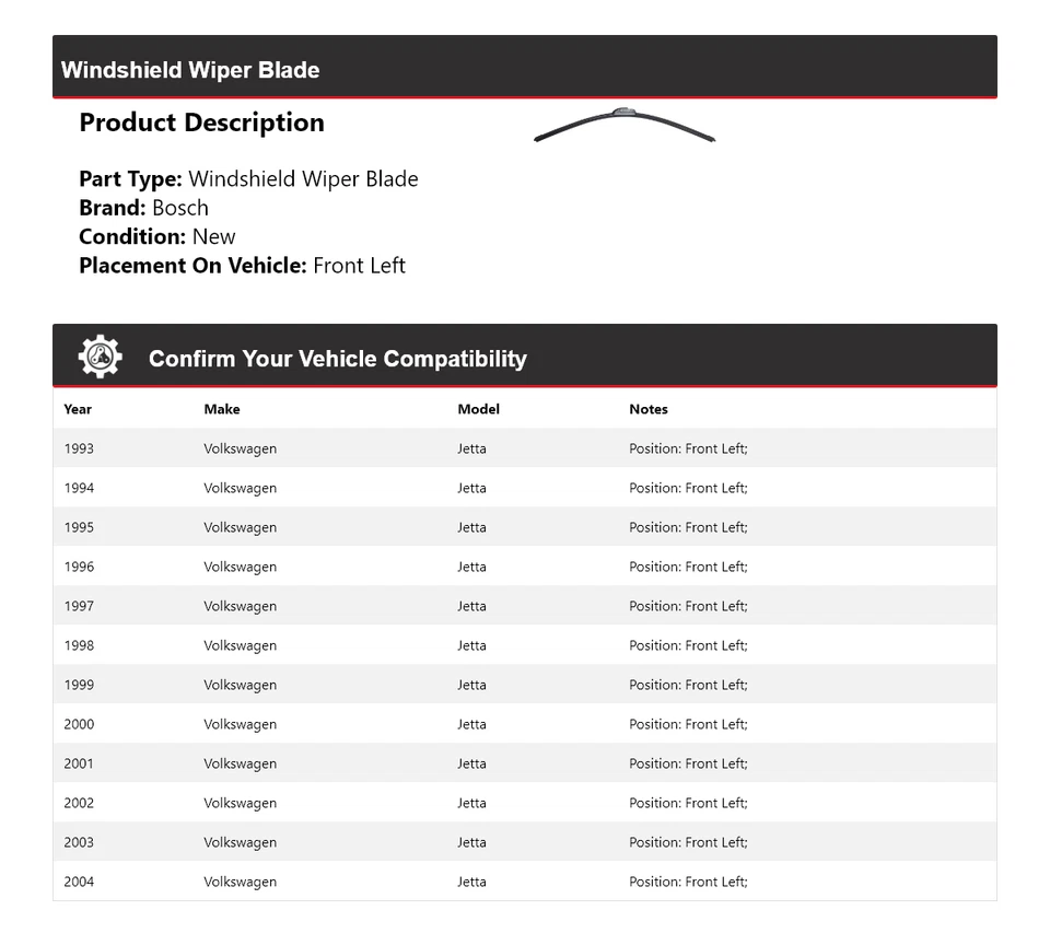 Limpiaparabrisas delantero izquierdo 1994 para Volkswagen Jetta Bosch ICON 1993-2004 Foto 2 de 4
