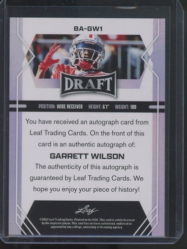 2022 Leaf Draft Garrett Wilson RC Rookie Auto Red Ohio State OSU Buckeyes Jets - Bild 2 von 2