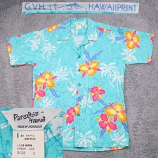 Vintage Paradise Hawaii Shirt Honolulu Mens Large Blue Floral GVH Print 60s
