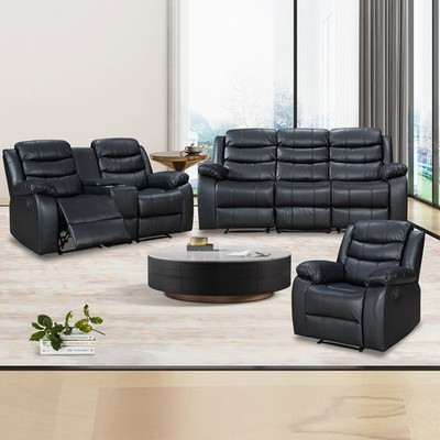 Reclining Sofa Faux Leather 3pcs Set w/ Cup Holders & Storage Console