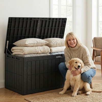 220-Gallons Outdoor Storage Box Large Capacity Water Proof Lockable Resin Deck