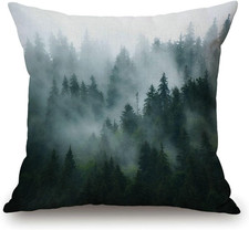 Throw Pillow Cover Misty Forest, Pillow Cover 18"X18" Nature Pine Trees Scenic F