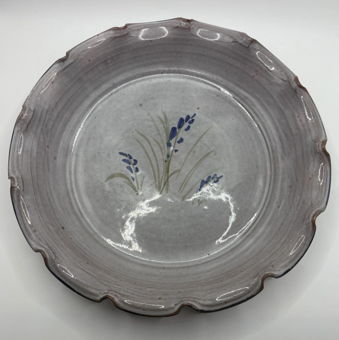 Original OWENS POTTERY SEAGROVE, NC Ruffled Pie Dish Blue Flowers SIGNED “1989”