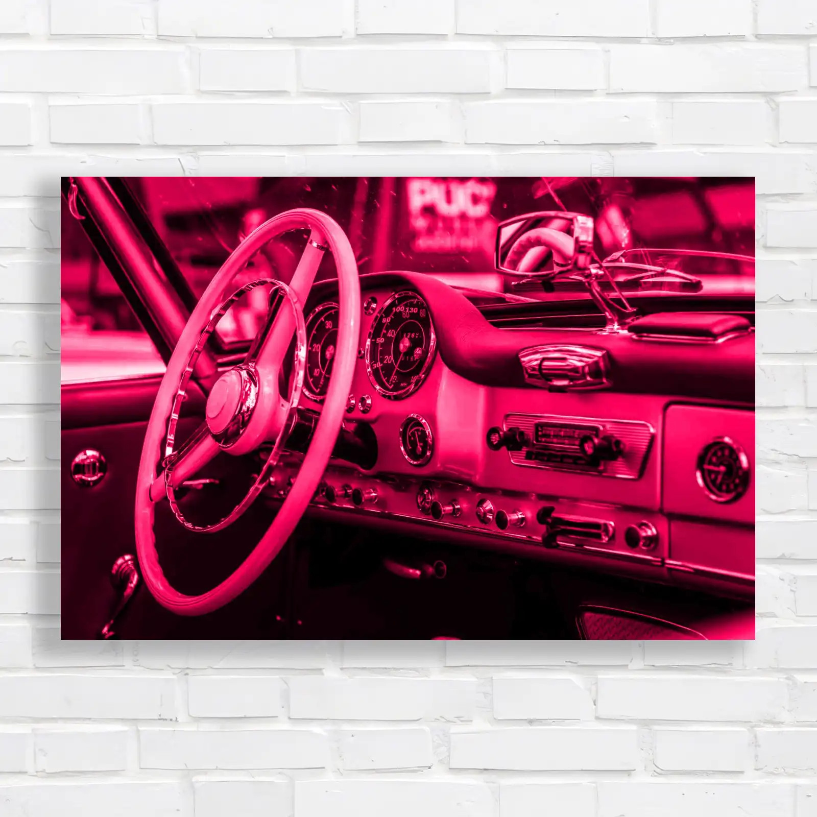 Volante Auto D'epoca Classico Guidatore Rosa Stampa Tela Grande Quadro - Immagine 1