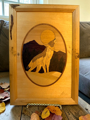 Hudson River Inlay Howling Wolf Wood Marquetry Picture Signed
