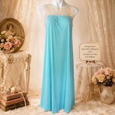 Vintage 1970s Kayser Aqua Nylon Nightgown Crochet Lace Yoke Size Medium
