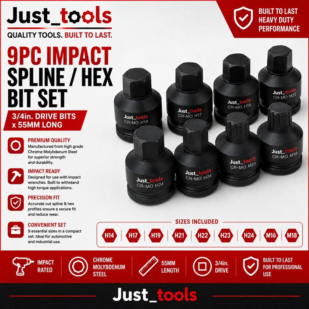 Impact Stubby Spline And Hex Bit Socket Set 3/4 Drive 9pc