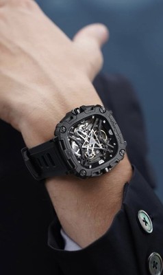 CIGA Design Herren Armbanduhr Skelett Analog Tonneau Schwarz Transparent