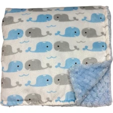 Petite L'amour Blue Textured Whale Baby Blanket Soft 30x40 White Gray Nautical
