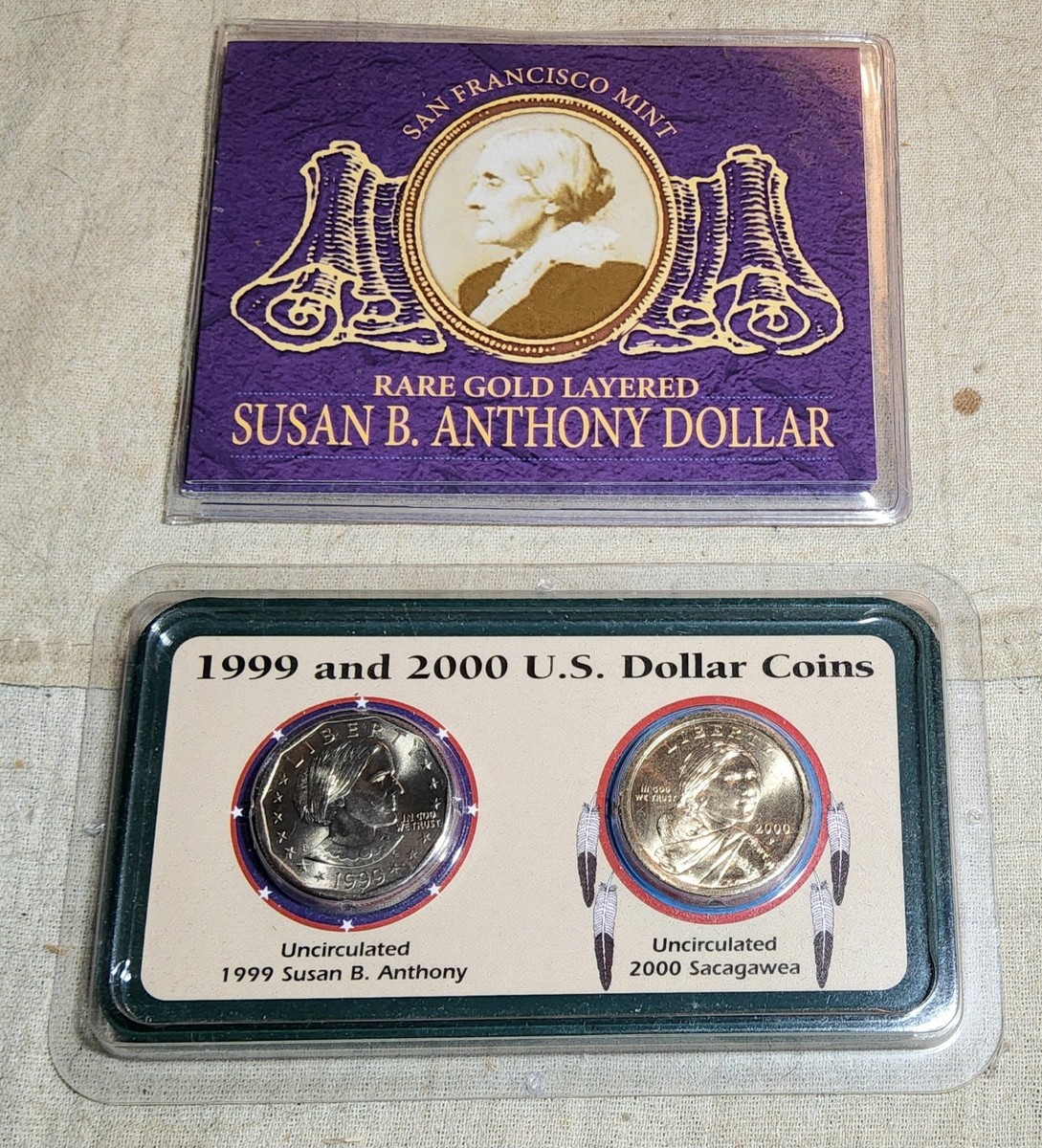 1999 & 2000 US DOLLAR COINS SET & S.F. MINT GOLD LAYERED SUSAN B