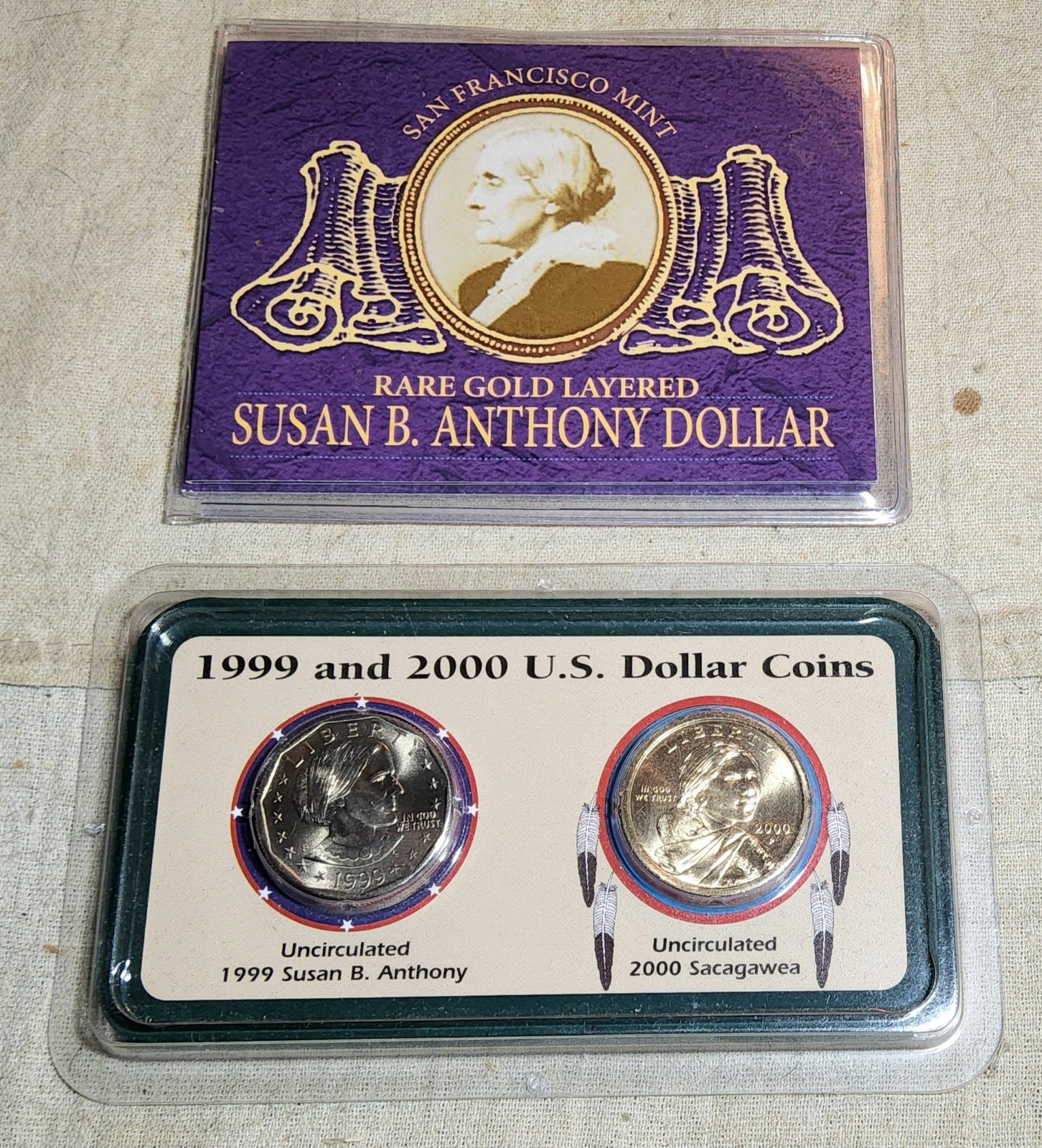 1999 & 2000 US DOLLAR COINS SET & S.F. MINT GOLD LAYERED SUSAN B