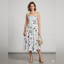 Karl Lagerfield White Abstract Floral Midi Dress Sleeveless Fit & Flare Size 2