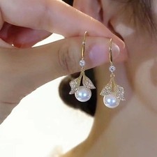 South Korea Design Full Zircon Leaf Pearl Earrings