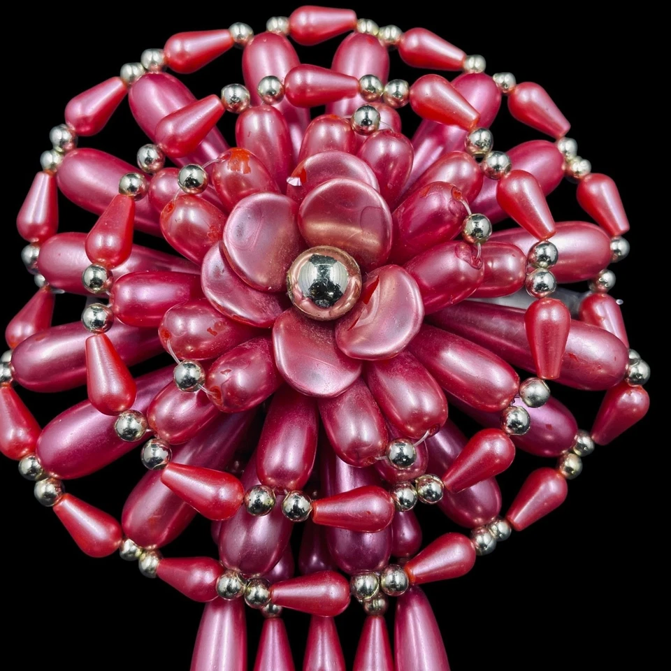 Handmade Beaded Hair Clip Pink Flower Statement Barrette Festival Boho Jewelry - Image 4 of 4