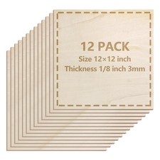 12 Pack Basswood Sheets, 12 x 12 x 1/8 Inch 3mm, Plywood, Laser Cutting, Craft