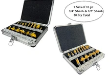 30 Piece Router Bits 2 Cases of 15, 1/2" & 1/4 Shank Bits Tungsten Carbide Edges